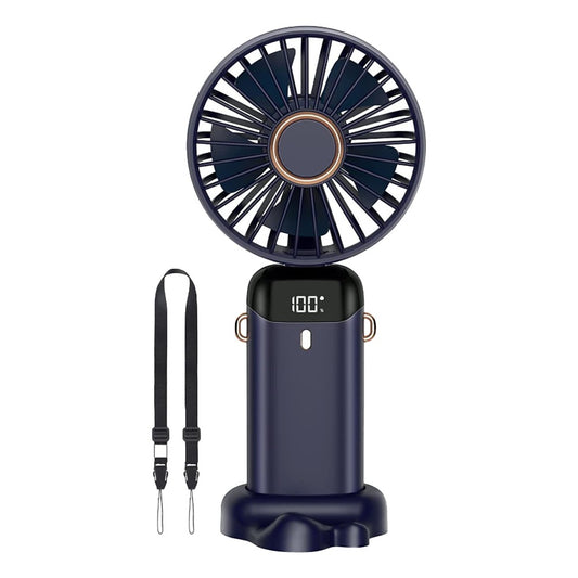 USB Handheld Mini Folding Digital Display Fan with Lanyard and Base - Blue