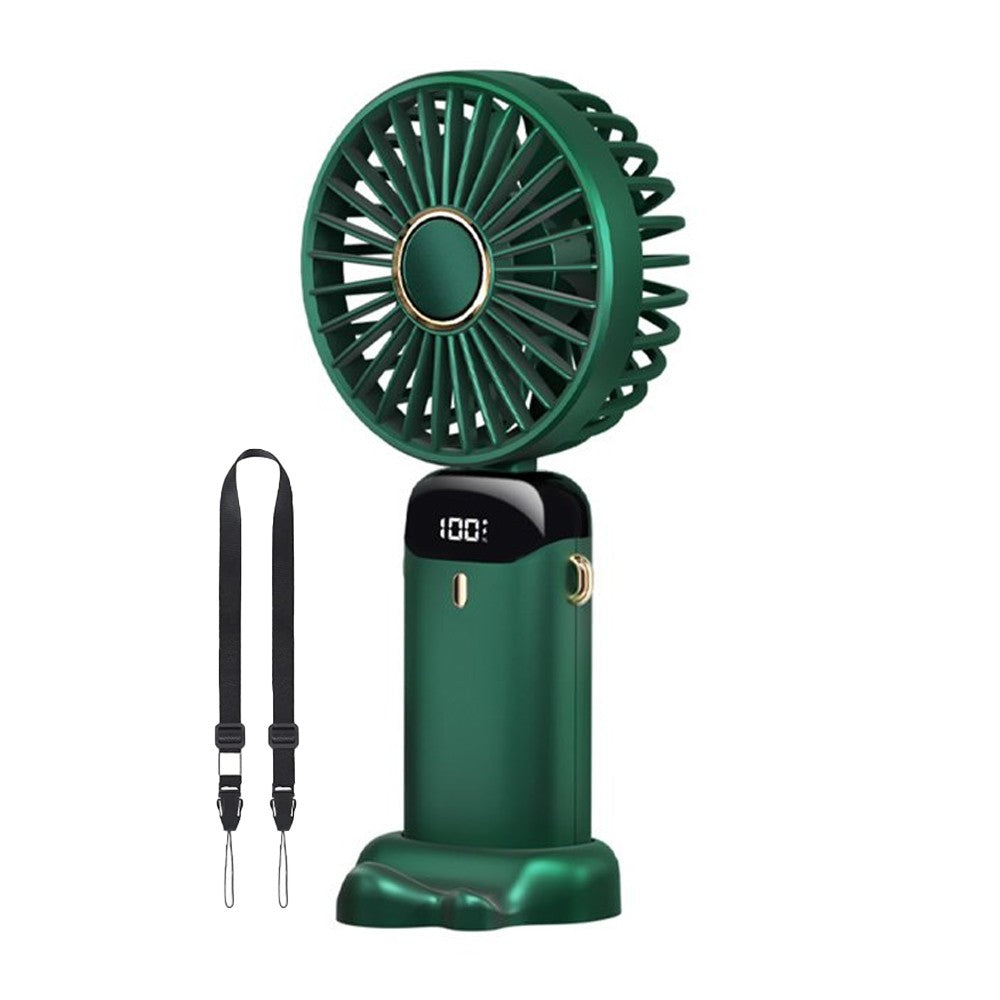 USB Handheld Mini Folding Digital Display Fan with Lanyard and Base - Green