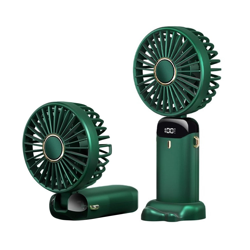 USB Handheld Mini Folding Digital Display Fan with Lanyard and Base - Green