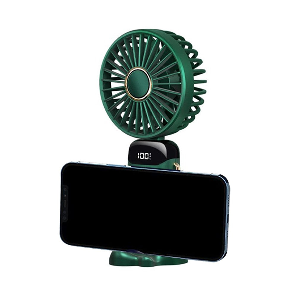 USB Handheld Mini Folding Digital Display Fan with Lanyard and Base - Green