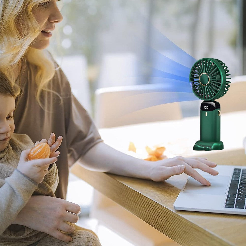 USB Handheld Mini Folding Digital Display Fan with Lanyard and Base - Green