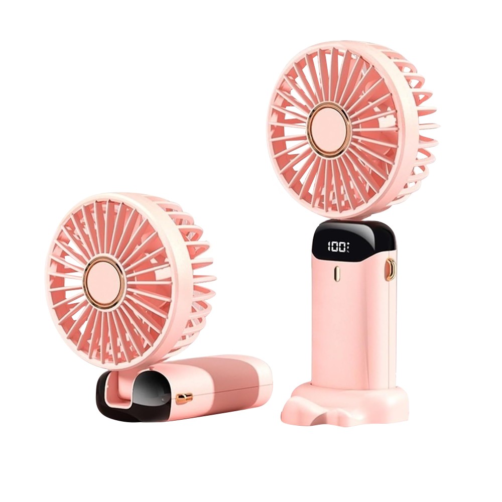 USB Handheld Mini Folding Digital Display Fan with Lanyard and Base - Pink