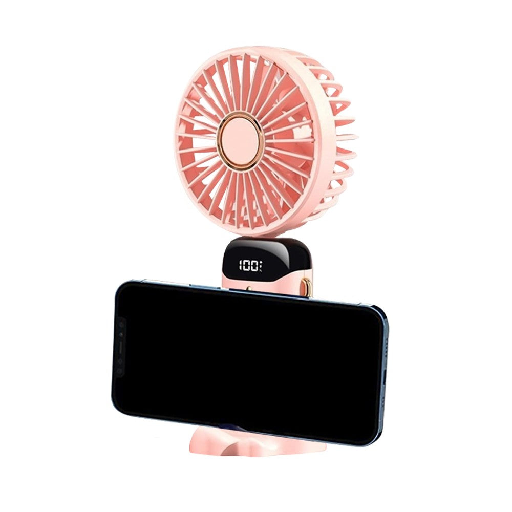 USB Handheld Mini Folding Digital Display Fan with Lanyard and Base - Pink