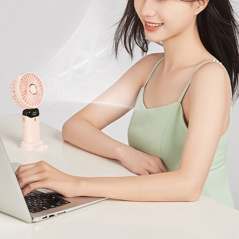 USB Handheld Mini Folding Digital Display Fan with Lanyard and Base - Pink