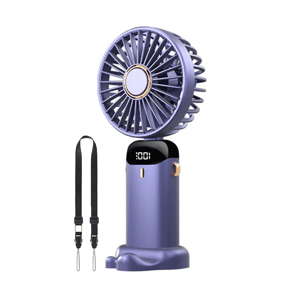 USB Handheld Mini Folding Digital Display Fan with Lanyard and Base - Purple