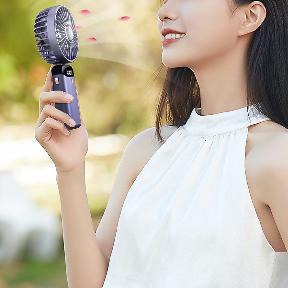 USB Handheld Mini Folding Digital Display Fan with Lanyard and Base - Purple