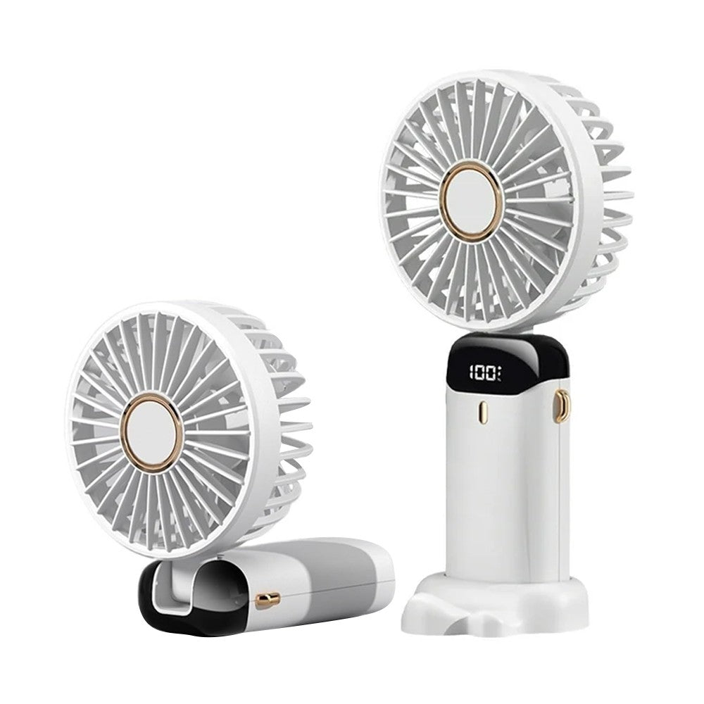 USB Handheld Mini Folding Digital Display Fan with Lanyard and Base - White