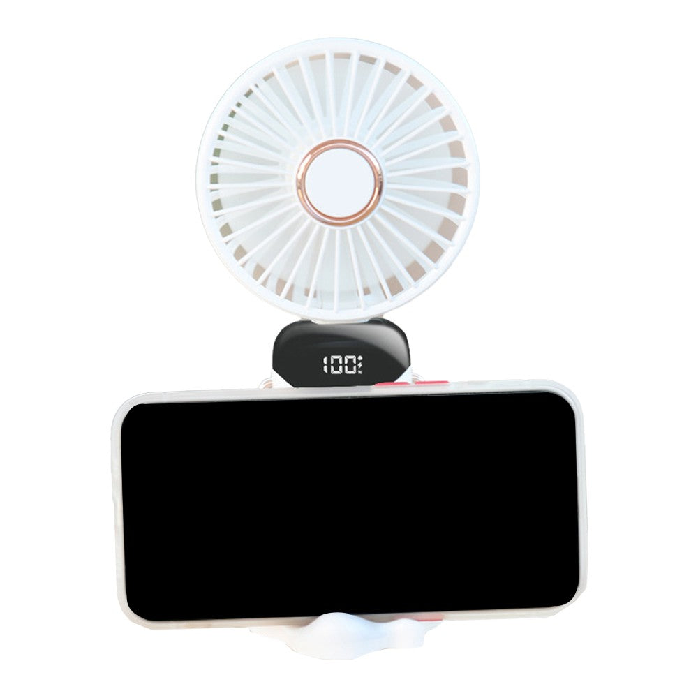 USB Handheld Mini Folding Digital Display Fan with Lanyard and Base - White