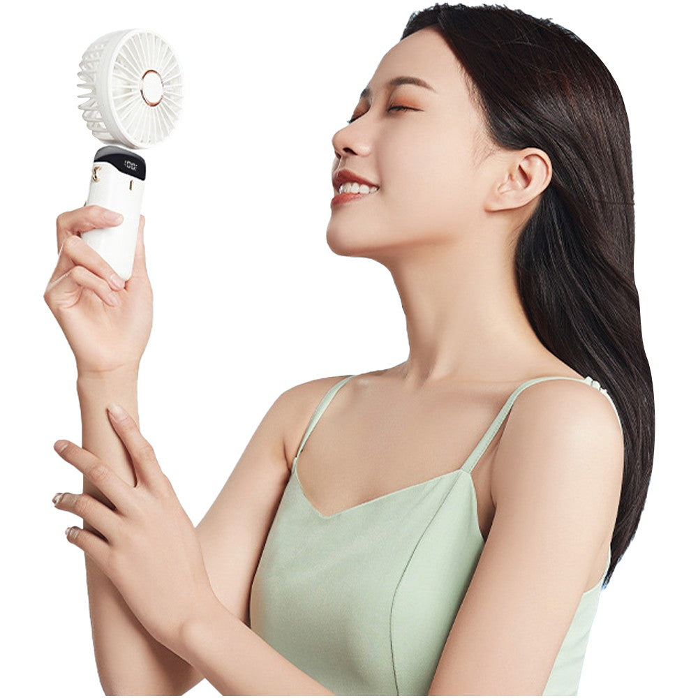 USB Handheld Mini Folding Digital Display Fan with Lanyard and Base - White