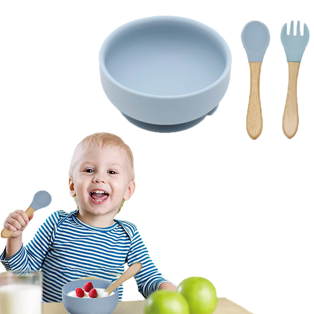 Silicone Suction Bowl with Spoon Fork Blue