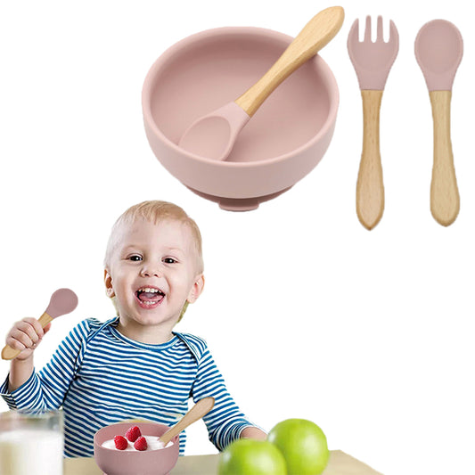 Silicone Suction Bowl with Spoon Fork Pink
