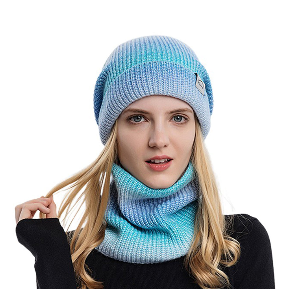 2Pcs Fleece Lined Gradient Hat and Snood Set Blue