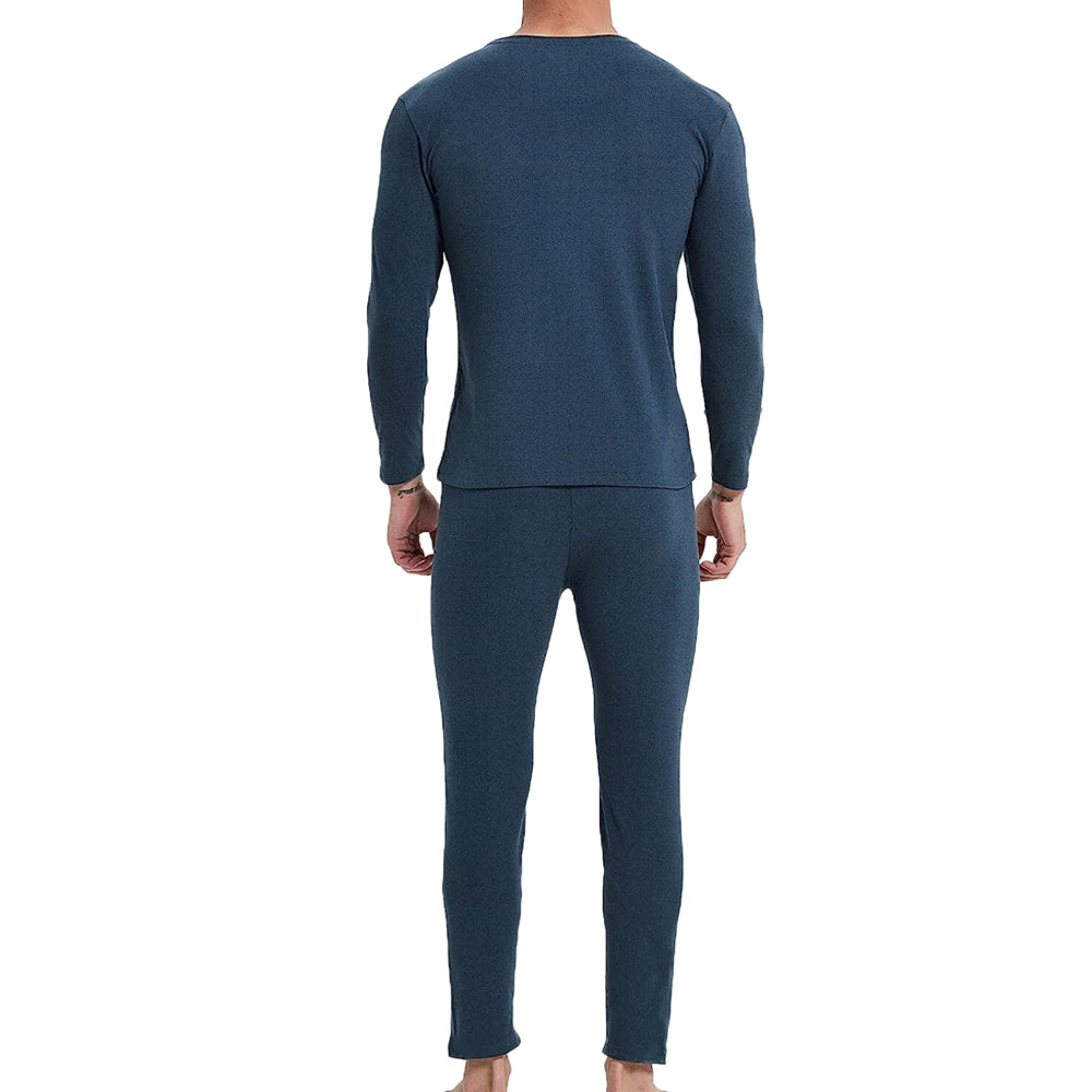 Men Thermal Underwear Shirt Leggings Winter Warm Top Bottom Set Blue