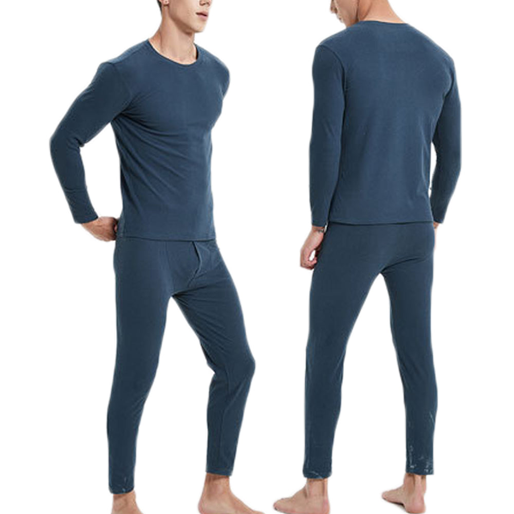 Men Thermal Underwear Shirt Leggings Winter Warm Top Bottom Set Blue