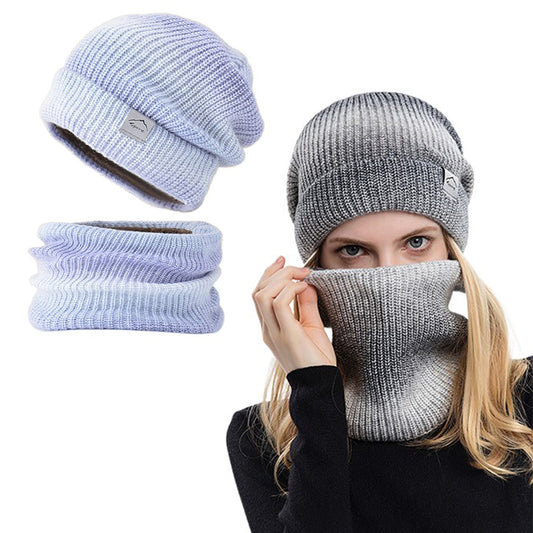 4Pcs Fleece Lined Gradient Hat and Snood Set Grey and Purple