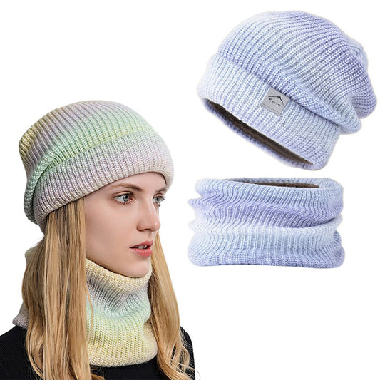 4Pcs Fleece Lined Gradient Hat and Snood Set Purple and Yellow