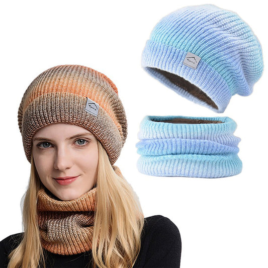 4Pcs Fleece Lined Gradient Hat and Snood Set Orange and Blue
