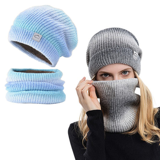4Pcs Fleece Lined Gradient Hat and Snood Set Grey and Blue