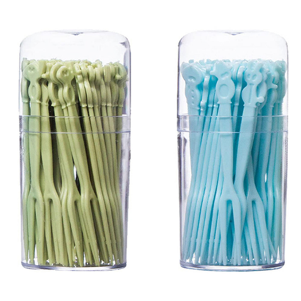 100Pcs Disposable Fruit Forks Kitchen Lunch Box Fruit Picks Green Blue