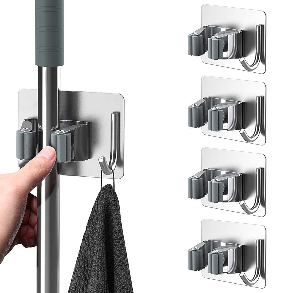 8Pcs No Drill Mop Broom Holder Wall Mounted Mop Broom Organizer with Hooks