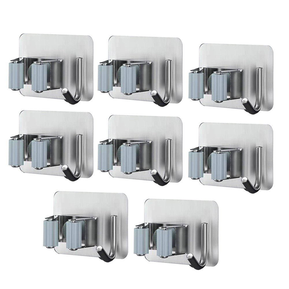 8Pcs No Drill Mop Broom Holder Wall Mounted Mop Broom Organizer with Hooks