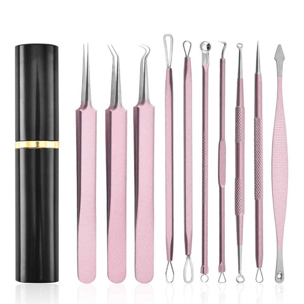Set of 10Pcs Blackheads Remover Comedone Extractor Pimple Popper Tool Kit Pink