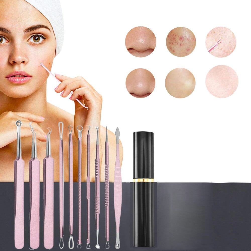 Set of 10Pcs Blackheads Remover Comedone Extractor Pimple Popper Tool Kit Pink