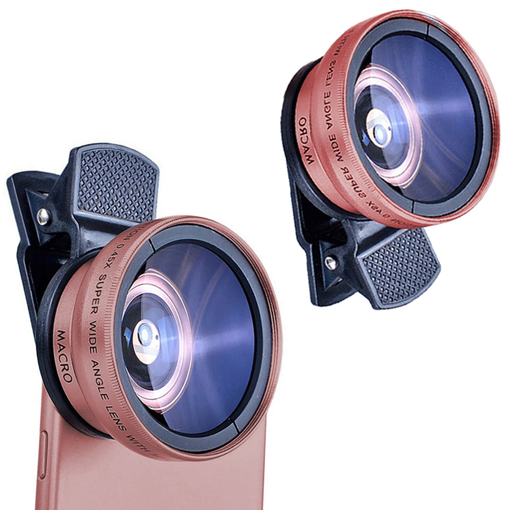 1 X 2 in1 Portable 0.45X 49UV Wide Angle Macro Phone Camera Lens Kit Rose Gold