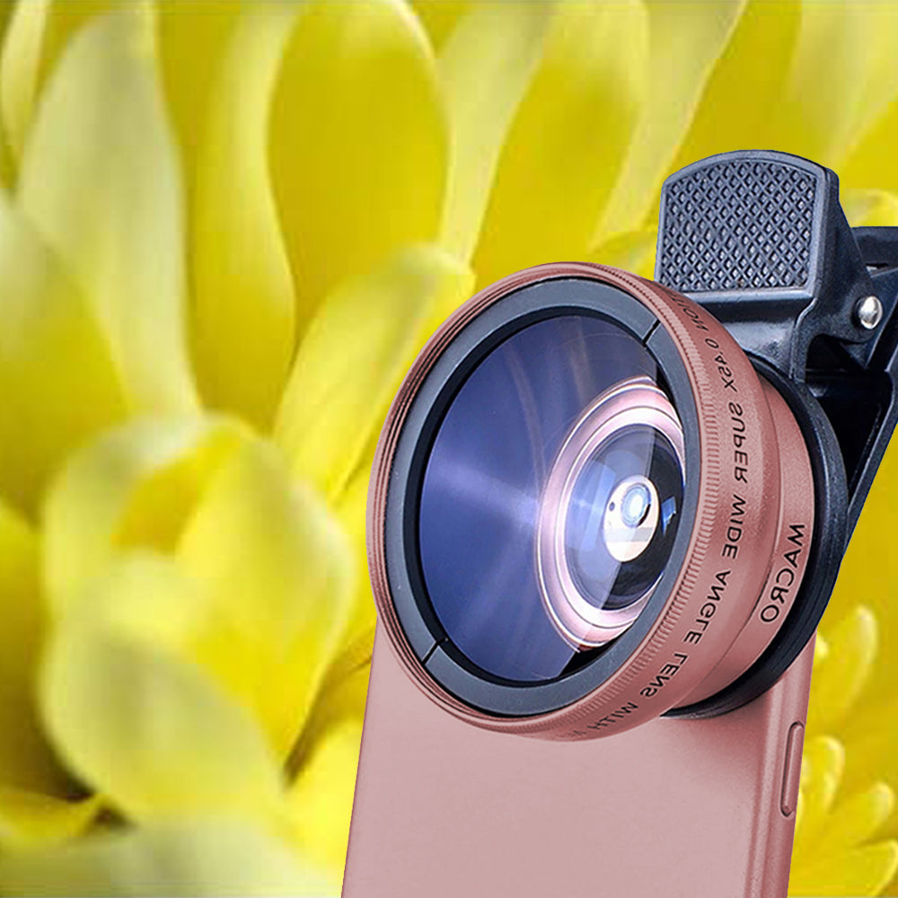 1 X 2 in1 Portable 0.45X 49UV Wide Angle Macro Phone Camera Lens Kit Rose Gold