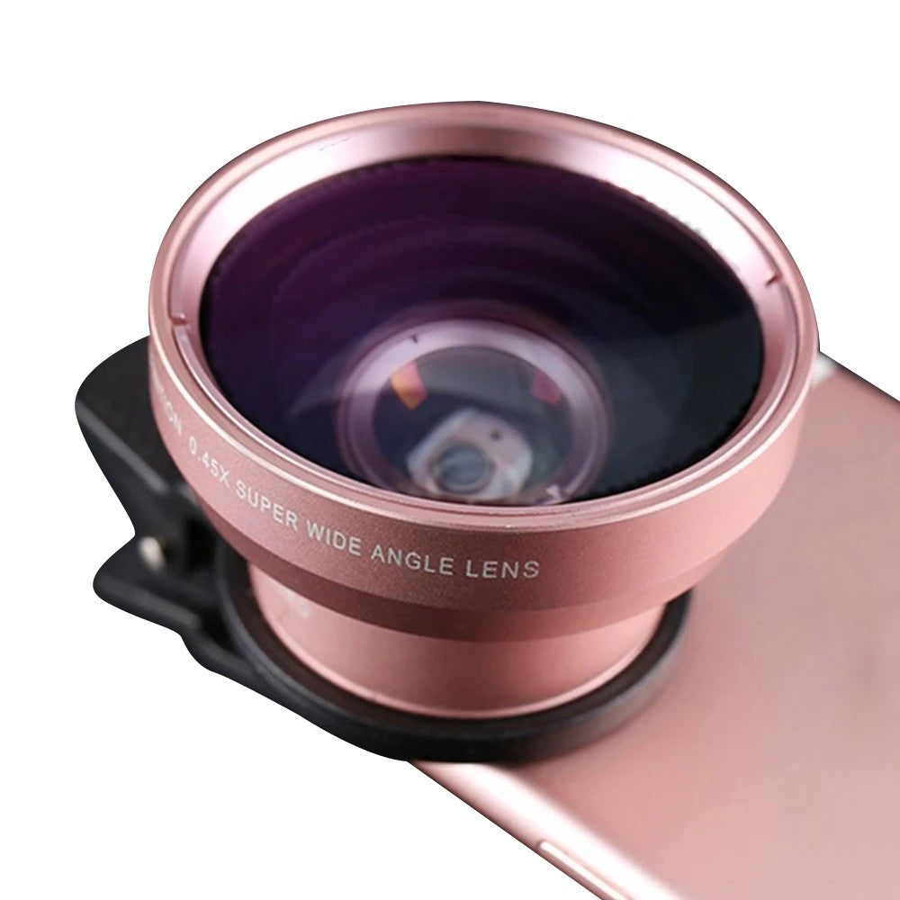 1 X 2 in1 Portable 0.45X 49UV Wide Angle Macro Phone Camera Lens Kit Rose Gold