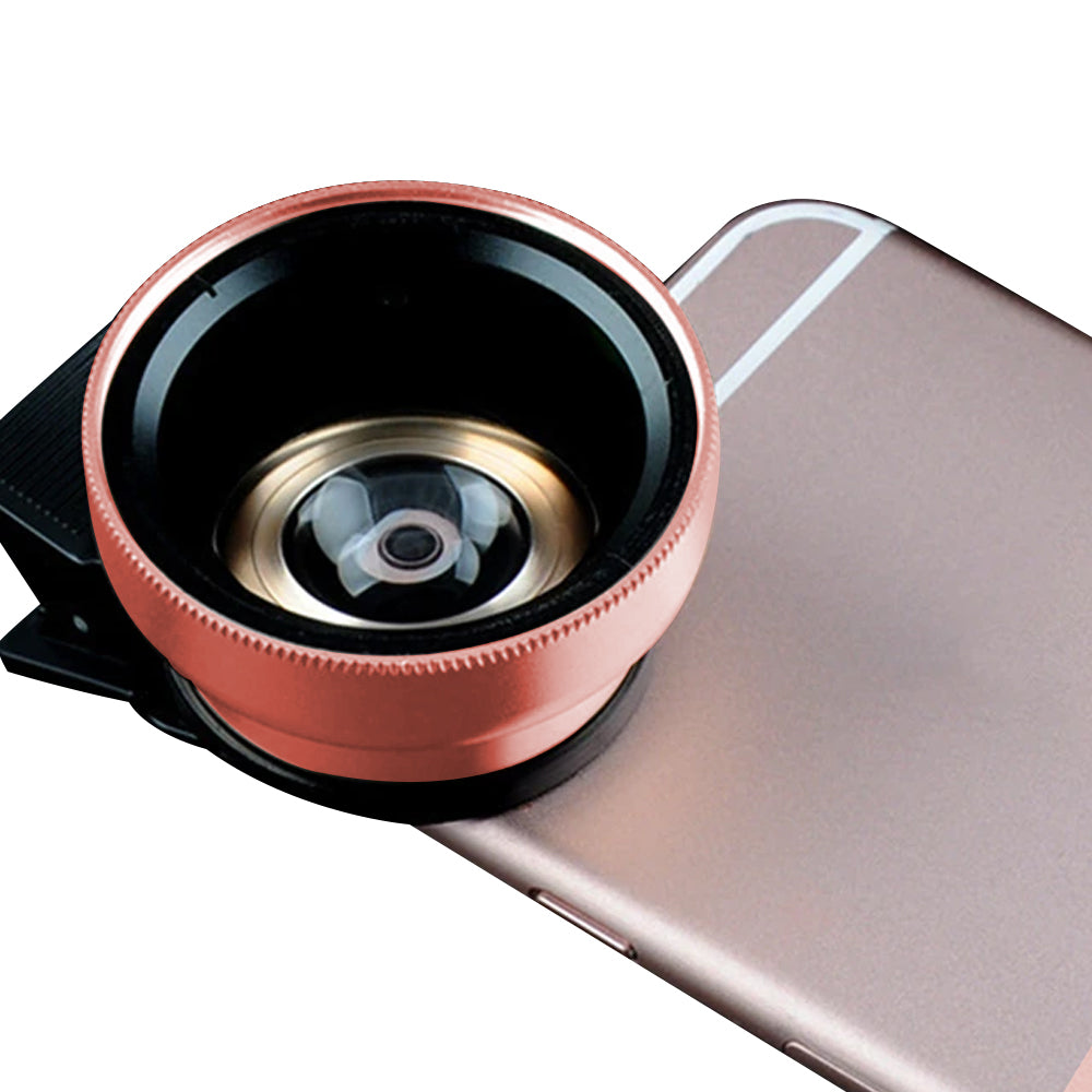 1 X 2 in1 Portable 0.45X 49UV Wide Angle Macro Phone Camera Lens Kit Rose Gold
