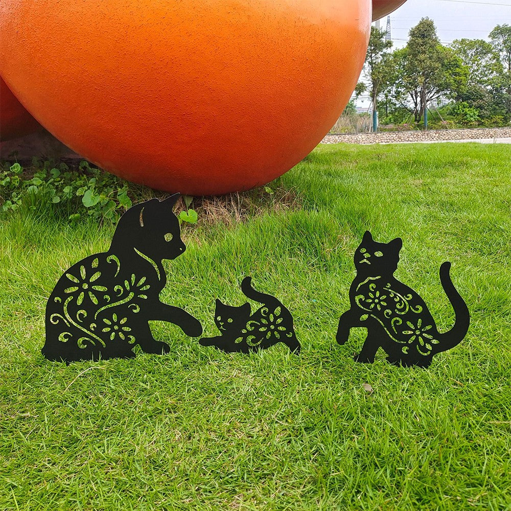 2 X Set of 3Pcs Metal Cat Silhouette Ornaments Garden Stakes Sculptures Statue Lawn Garden Art Decor