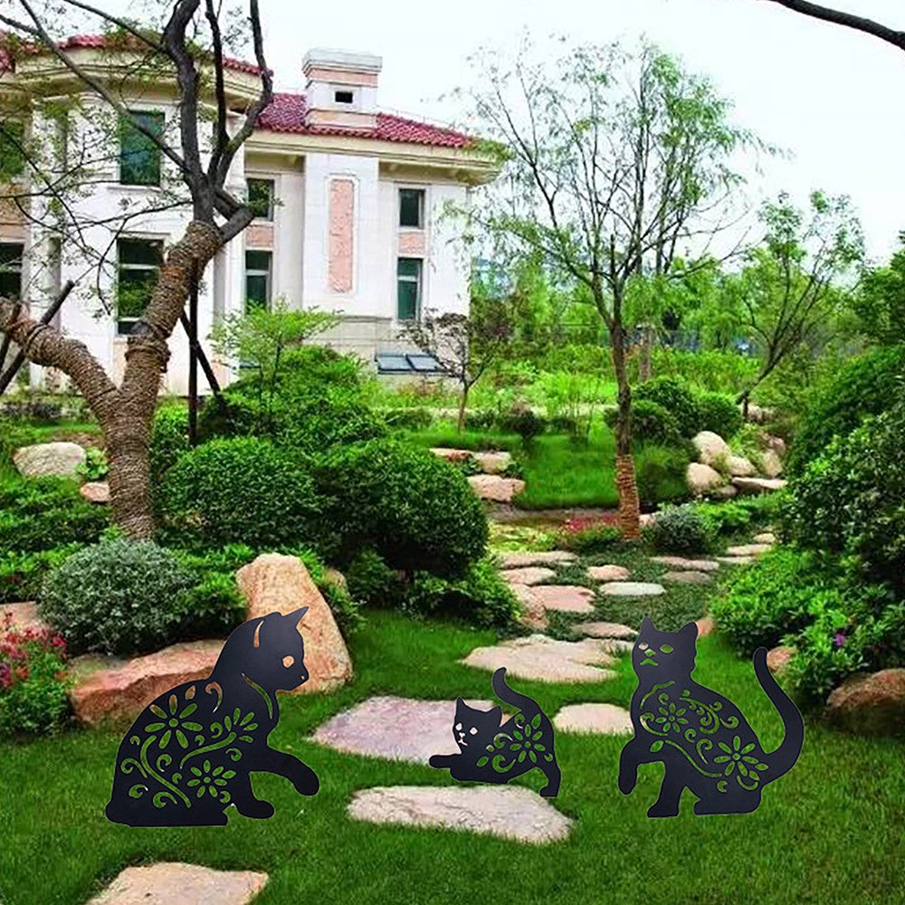 2 X Set of 3Pcs Metal Cat Silhouette Ornaments Garden Stakes Sculptures Statue Lawn Garden Art Decor