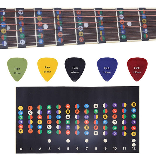 100Pcs 0.71mm Guitar Picks and Guitar Note Stickers Set