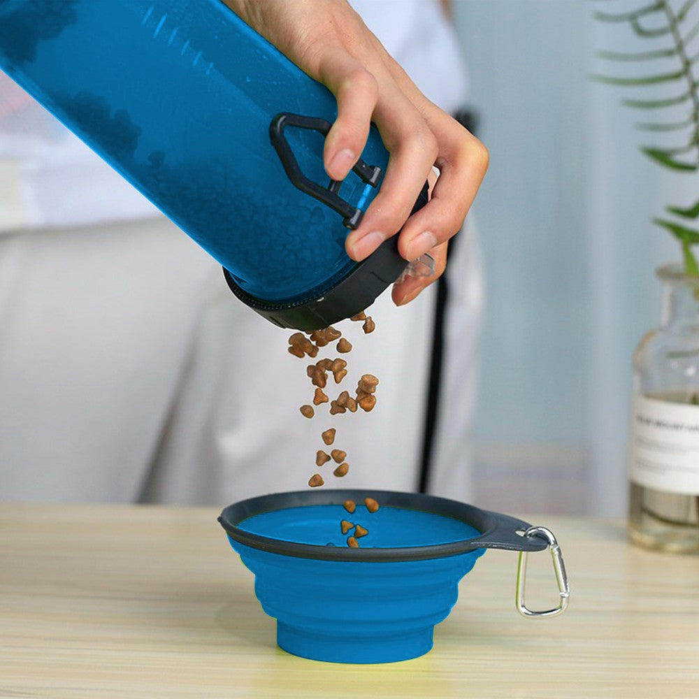 2 in 1 Travel Portable Pet Dog Food Container Water Bottle with Collapsible Bowls Blue