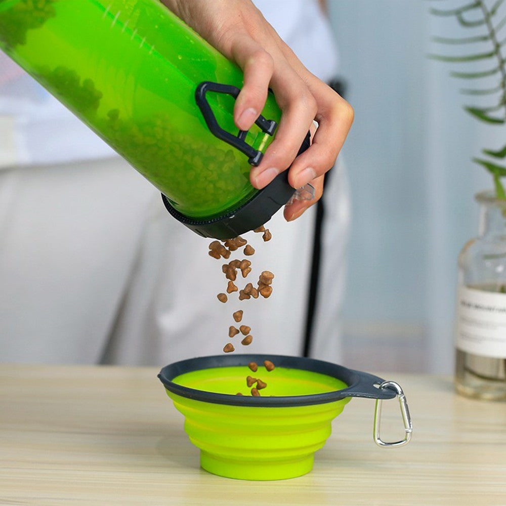 2 in 1 Travel Portable Pet Dog Food Container Water Bottle with Collapsible Bowls Green