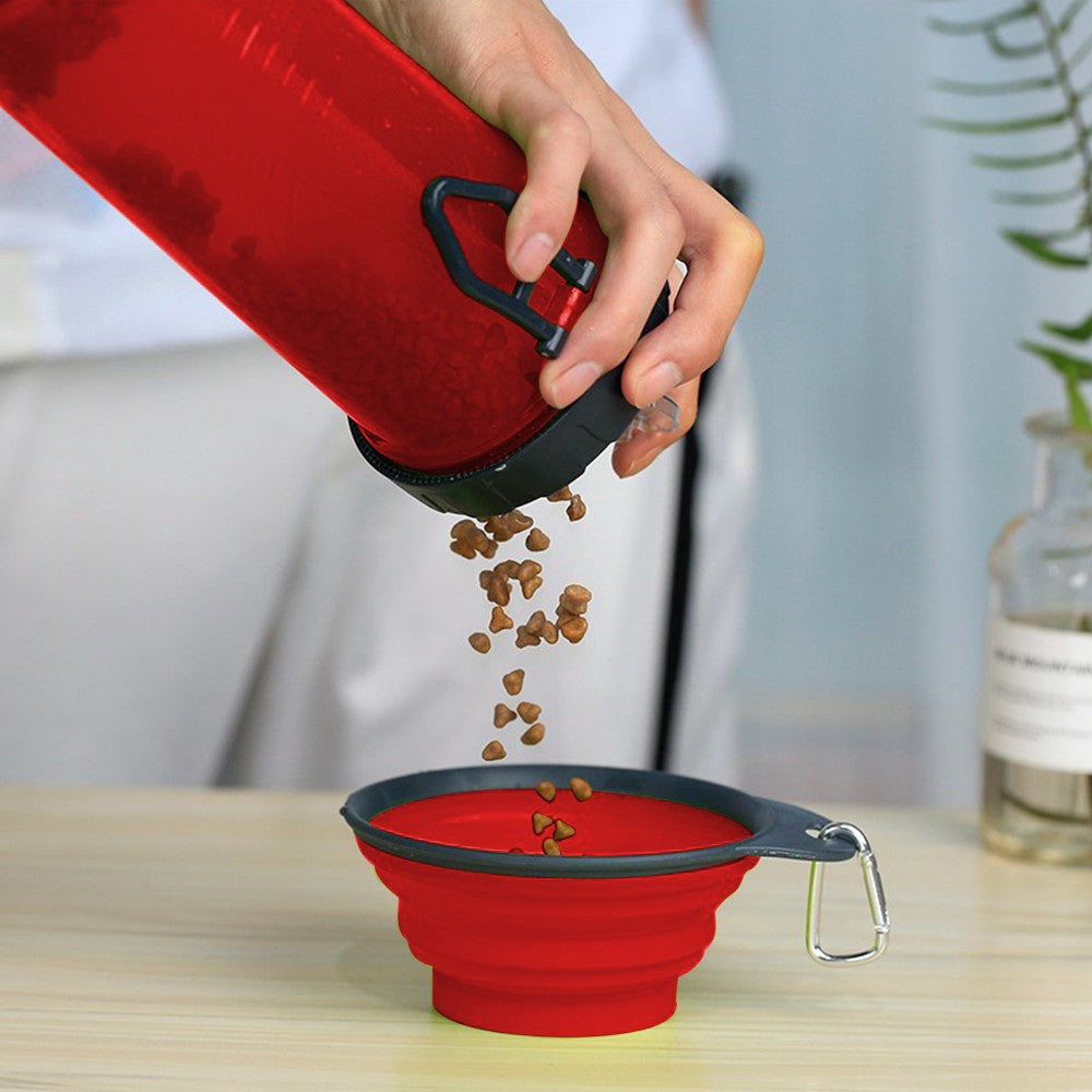 2 in 1 Travel Portable Pet Dog Food Container Water Bottle with Collapsible Bowls Red