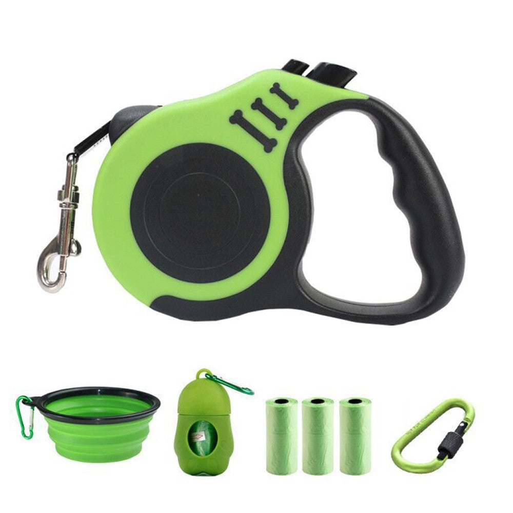 5m Retractable Nylon Dog Training Leash with Folding Bowl Waste Bag Dispenser Green