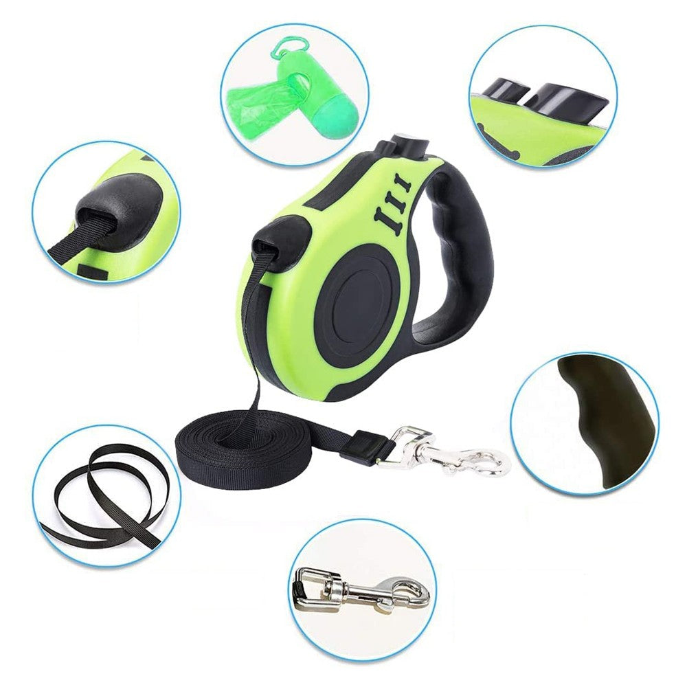5m Retractable Nylon Dog Training Leash with Folding Bowl Waste Bag Dispenser Green