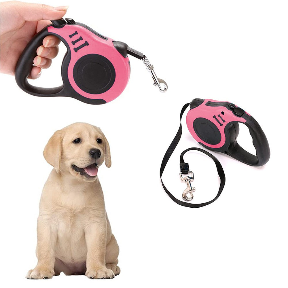 5m Retractable Nylon Dog Training Leash with Folding Bowl Waste Bag Dispenser Pink