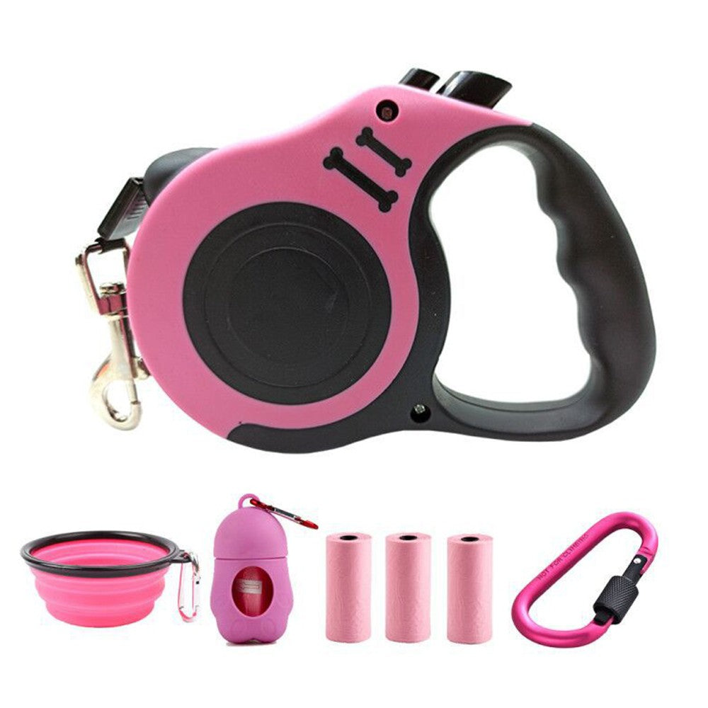5m Retractable Nylon Dog Training Leash with Folding Bowl Waste Bag Dispenser Pink
