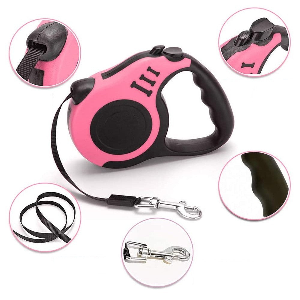 5m Retractable Nylon Dog Training Leash with Folding Bowl Waste Bag Dispenser Pink