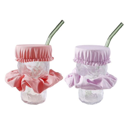 2 X Elastic Scrunchie Hair Rope with Drink Cover Pink and Light Purple