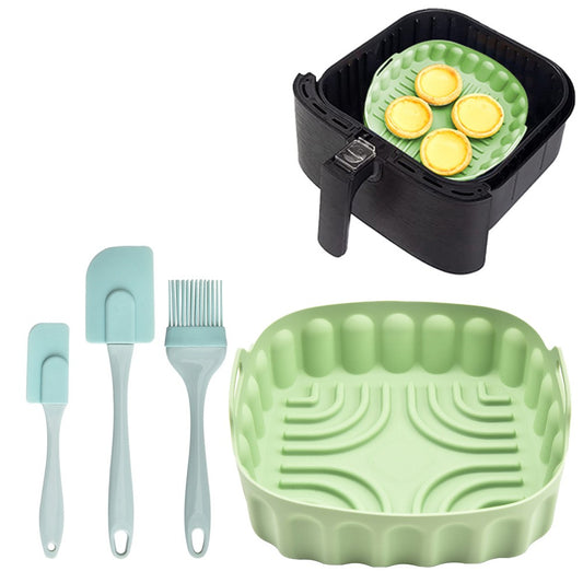 19cm Reusable Air Fryer Silicone Pot and 3Pcs Silicone Spatula Set Baking Tray Air Fryer Liner Pizza Oven Basket Mat Green