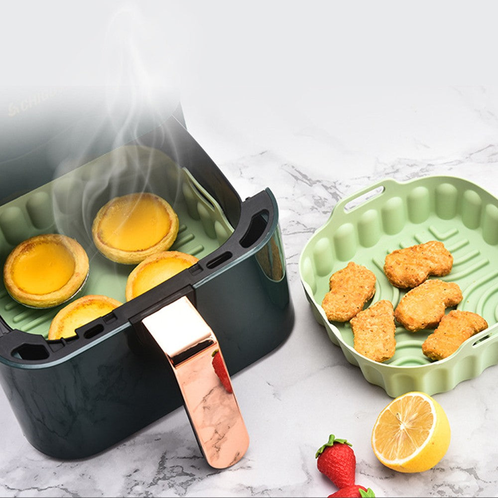 19cm Reusable Air Fryer Silicone Pot and 3Pcs Silicone Spatula Set Baking Tray Air Fryer Liner Pizza Oven Basket Mat Green