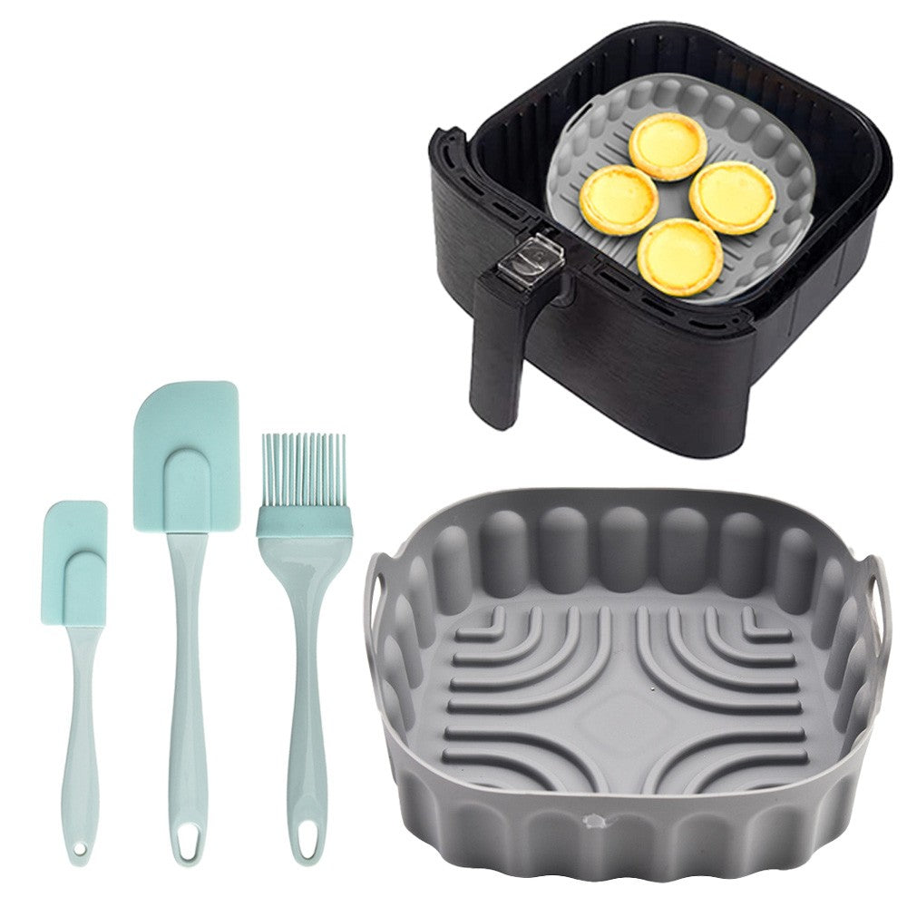 19cm Reusable Air Fryer Silicone Pot and 3Pcs Silicone Spatula Set Baking Tray Air Fryer Liner Pizza Oven Basket Mat Grey
