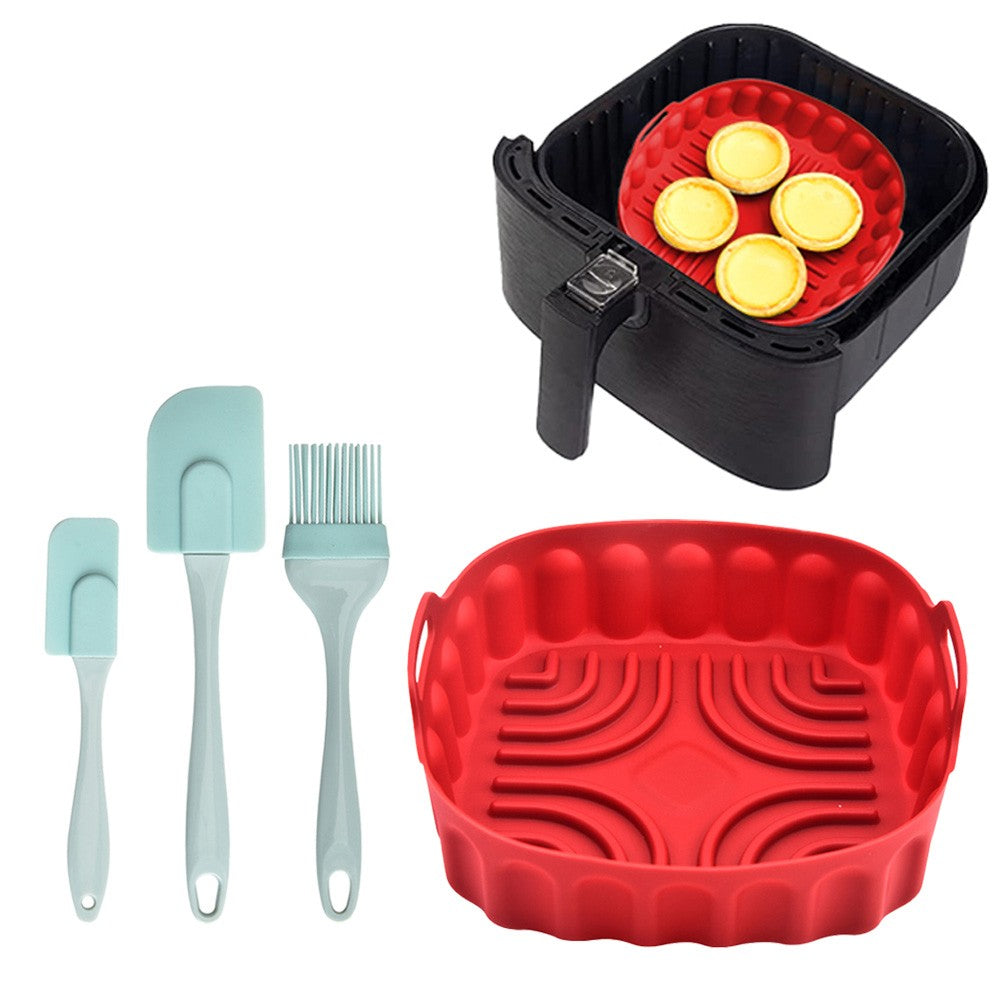 21.5cm Reusable Air Fryer Silicone Pot and 3Pcs Silicone Spatula Set Baking Tray Air Fryer Liner Pizza Oven Basket Mat Red