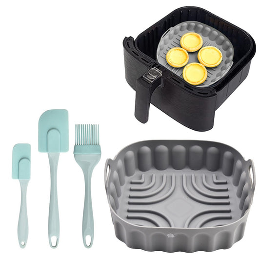 21.5cm Reusable Air Fryer Silicone Pot and 3Pcs Silicone Spatula Set Baking Tray Air Fryer Liner Pizza Oven Basket Mat Grey