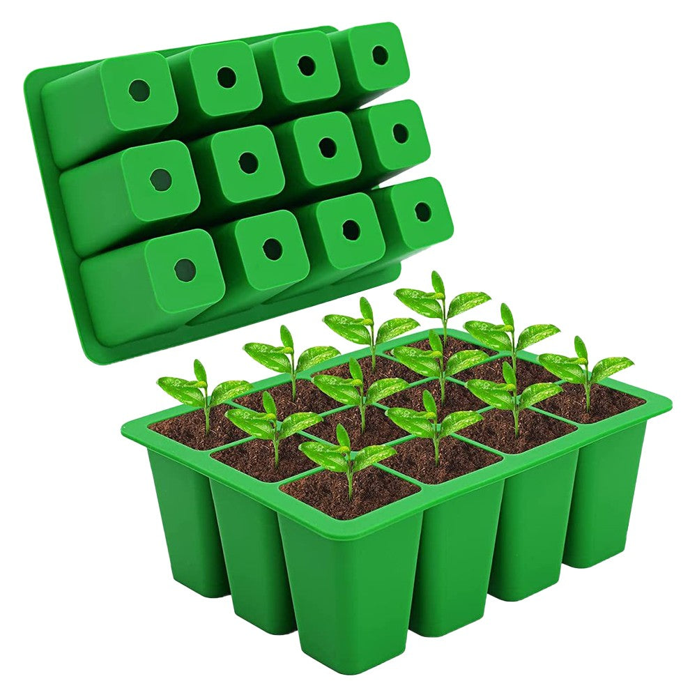 12 Cells Plant Seedling Tray Reusable Silicone Seed Starter Trays Pots Green