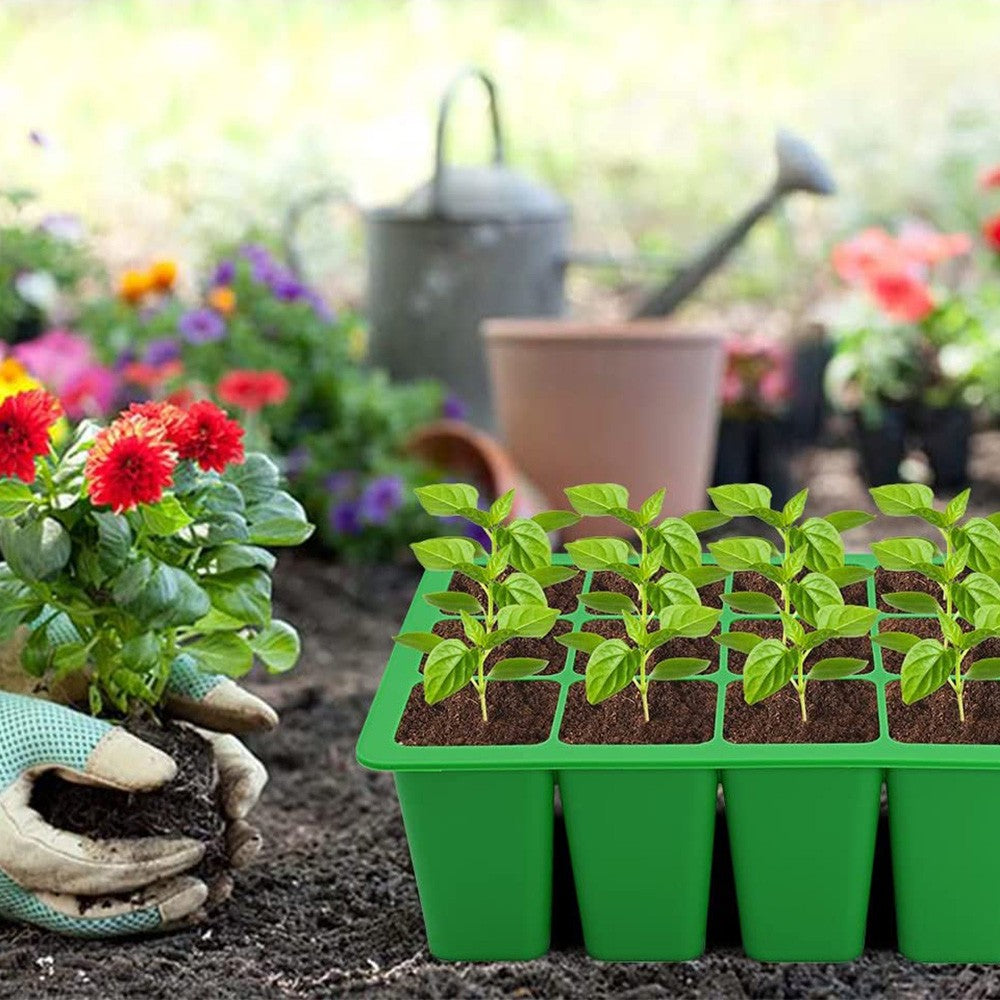12 Cells Plant Seedling Tray Reusable Silicone Seed Starter Trays Pots Green